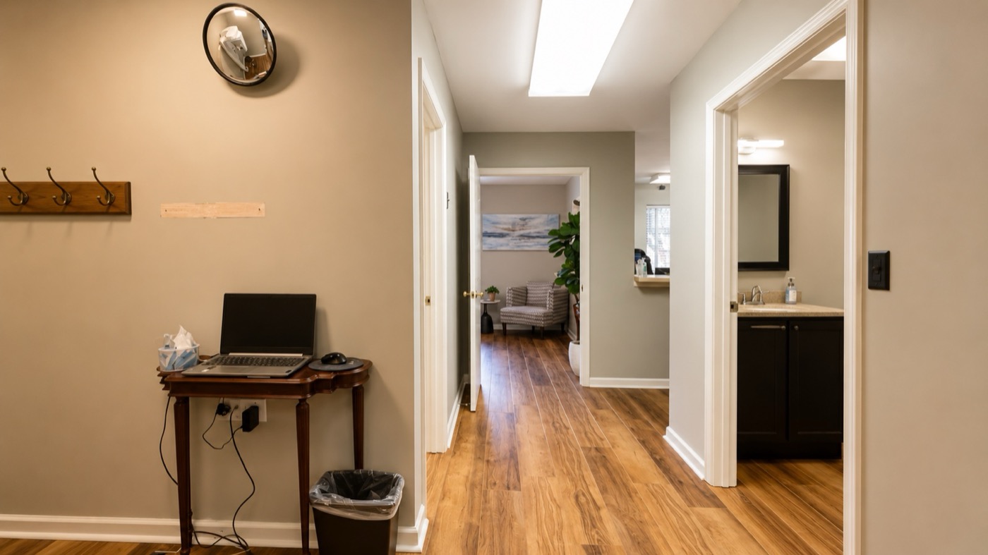 Bright welcoming hallway and check-in inside Northeast Roanoke Dentistry